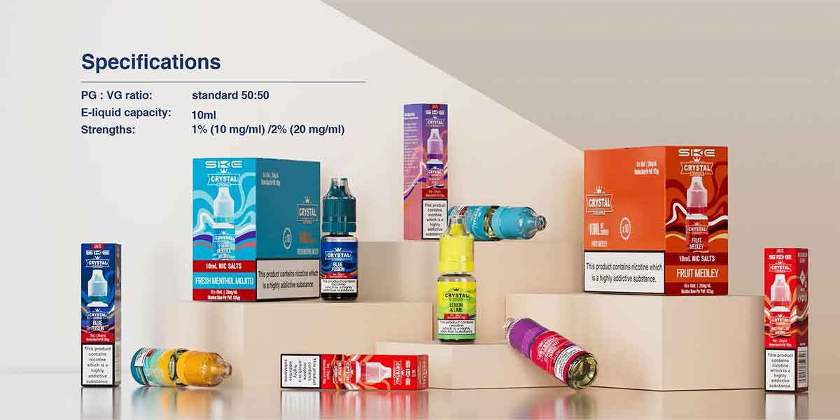 Collection of SKE Crystal nic salt vape juices with flavour boxes, 50/50 VG/PG ratio and nicotine strength info.