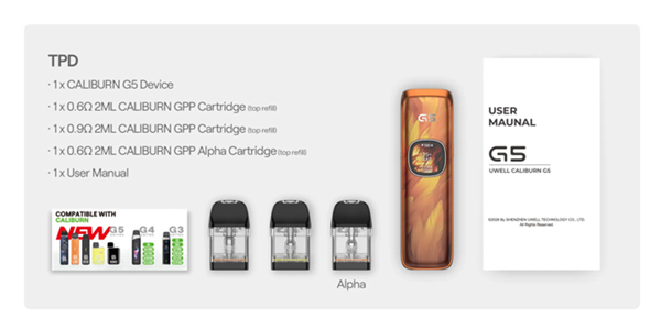 uwell-caliburn-g5-tpd-product-content.jpg Uwell Caliburn Pod Device gallery of compatible replacement Pods and 2ml TPD Compliance