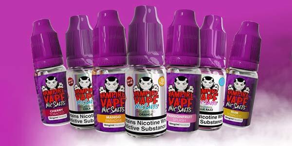 Seven Vampire Vape nic salt bottles in 10ml flavours on a purple background.