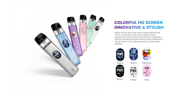 Vaporesso Xros 5 Colour HD Screen Themes Shows the XROS 5's 0.88-inch HD display and its six switchable UI themes across the available colour finishes.