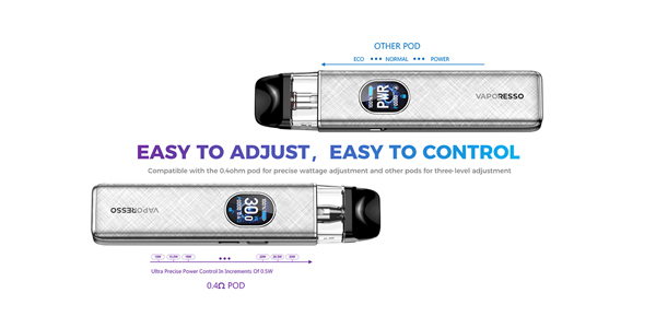 Vaporesso Xros 5 Adjustable Wattage Eco / Normal / Power Modes Demonstrates the XROS 5's three power modes and precise 0.5W wattage increments available with the 0.4Ω pod.