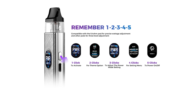 Vaporesso Xros 5 5 Button Controls in 5 clicks Quick-reference guide to the XROS 5's fire-button controls, from powering the device on and off to switching between themes and power modes.