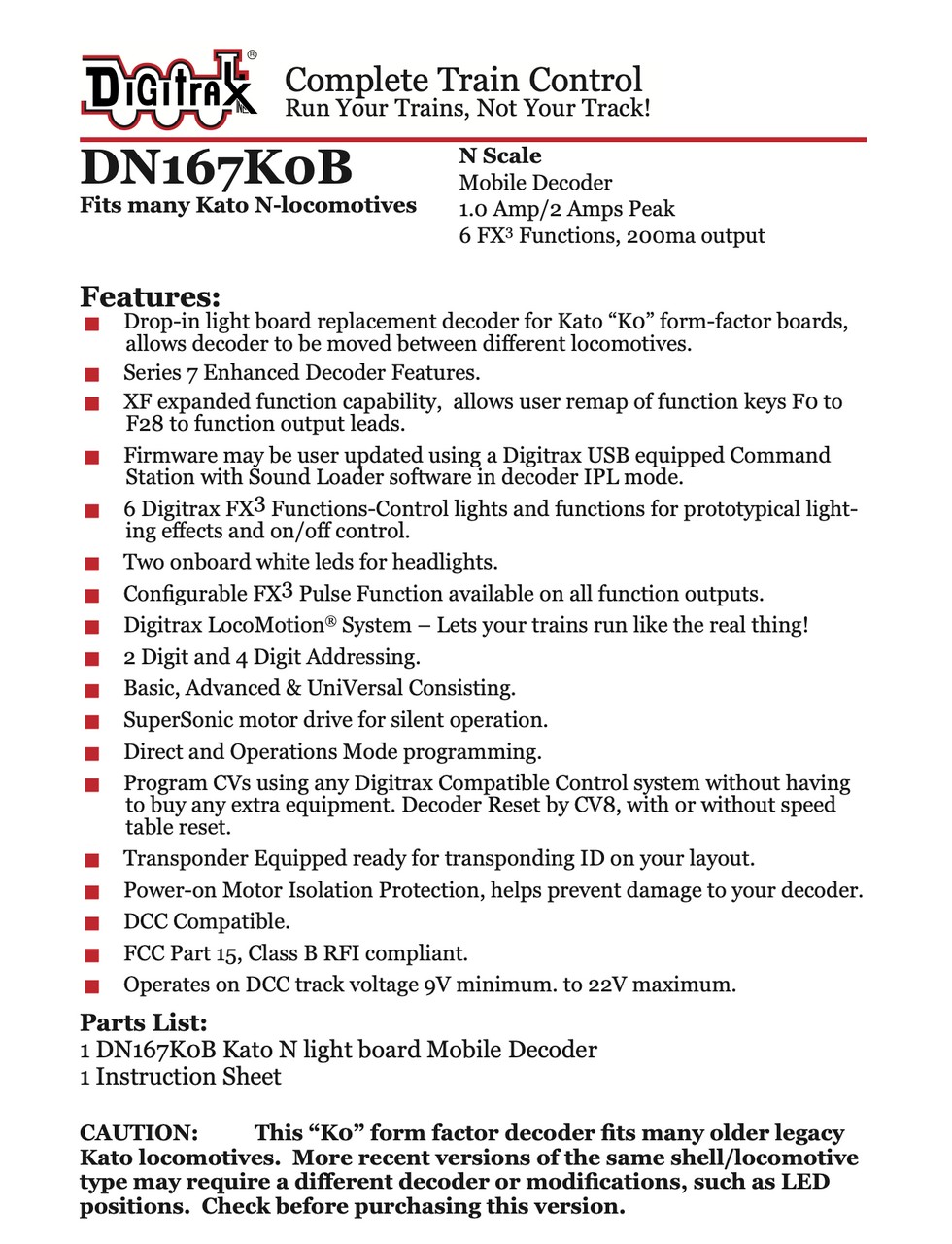 DN167K0B Digitrax décodeur pour Kato N DCC