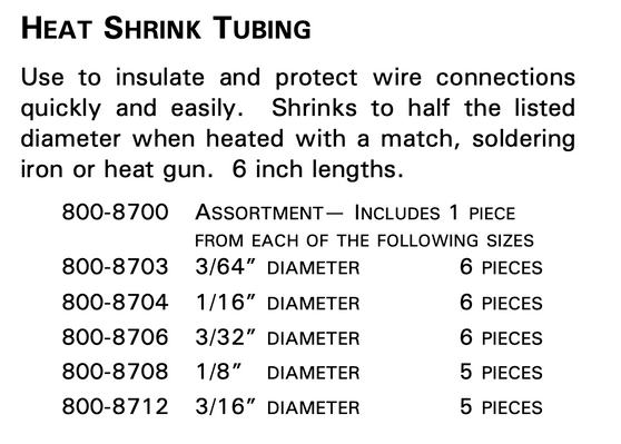 800-8703 Heat Shrink Tubing | 3/64"  | 6" Length - 6 pieces