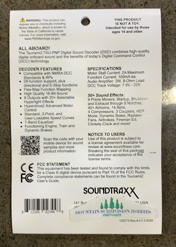 Soundtraxx  885824 Tsunami2 TSU-PNP8 EMD-2 Diesel Locomotives Sound Decoder - NEW 8 Functions