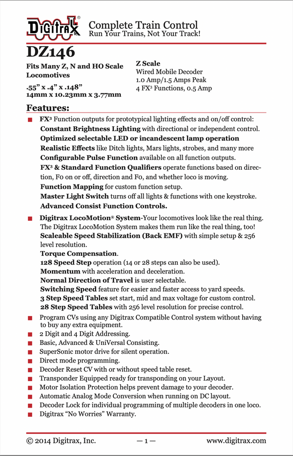 Digitrax DZ146 1A Z / N / HO Scale Wired Mobile Decoder