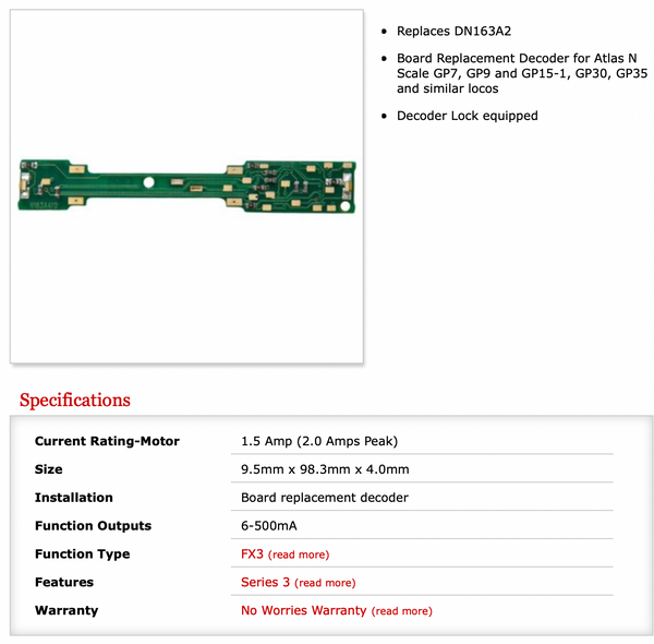 DN163A4 1.5 Amp N Scale Board Replacement Mobile Decoder for Atlas GP7/9/15-1/30/35 - Specs