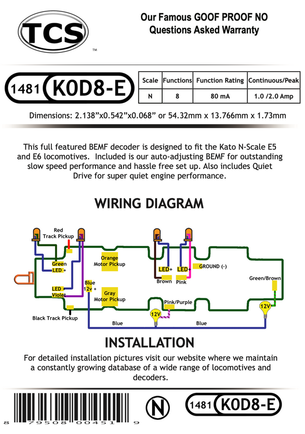 TCS 1481 K0D8-E DCC Decoder for Kato N scale PA-1 and E's