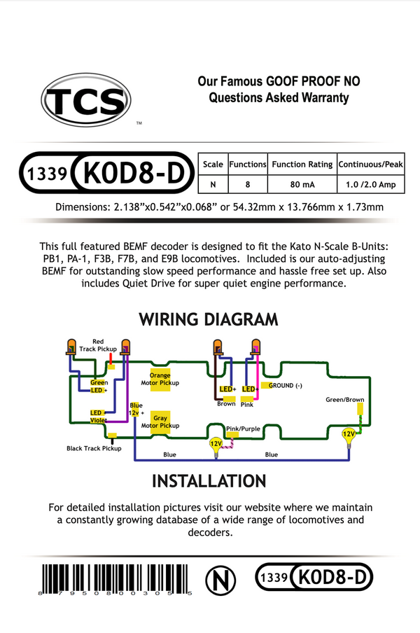 TCS 1339 K0D8-D DCC Decoder for Kato N scale PB1 F3B F7B E9B