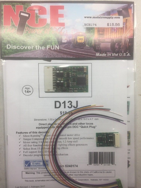 NCE 174 D13J HO DCC DECODER Quick-Plug NMRA 9-Pin (was D13SRJ)