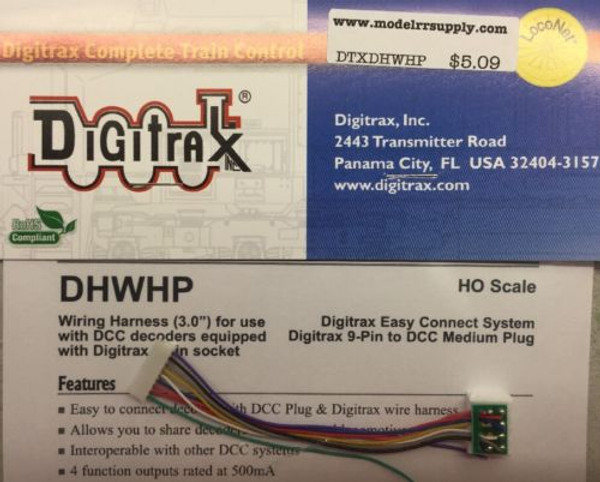 Digitrax DHWHP 9 pin to DCC medium plug long harness (3”)