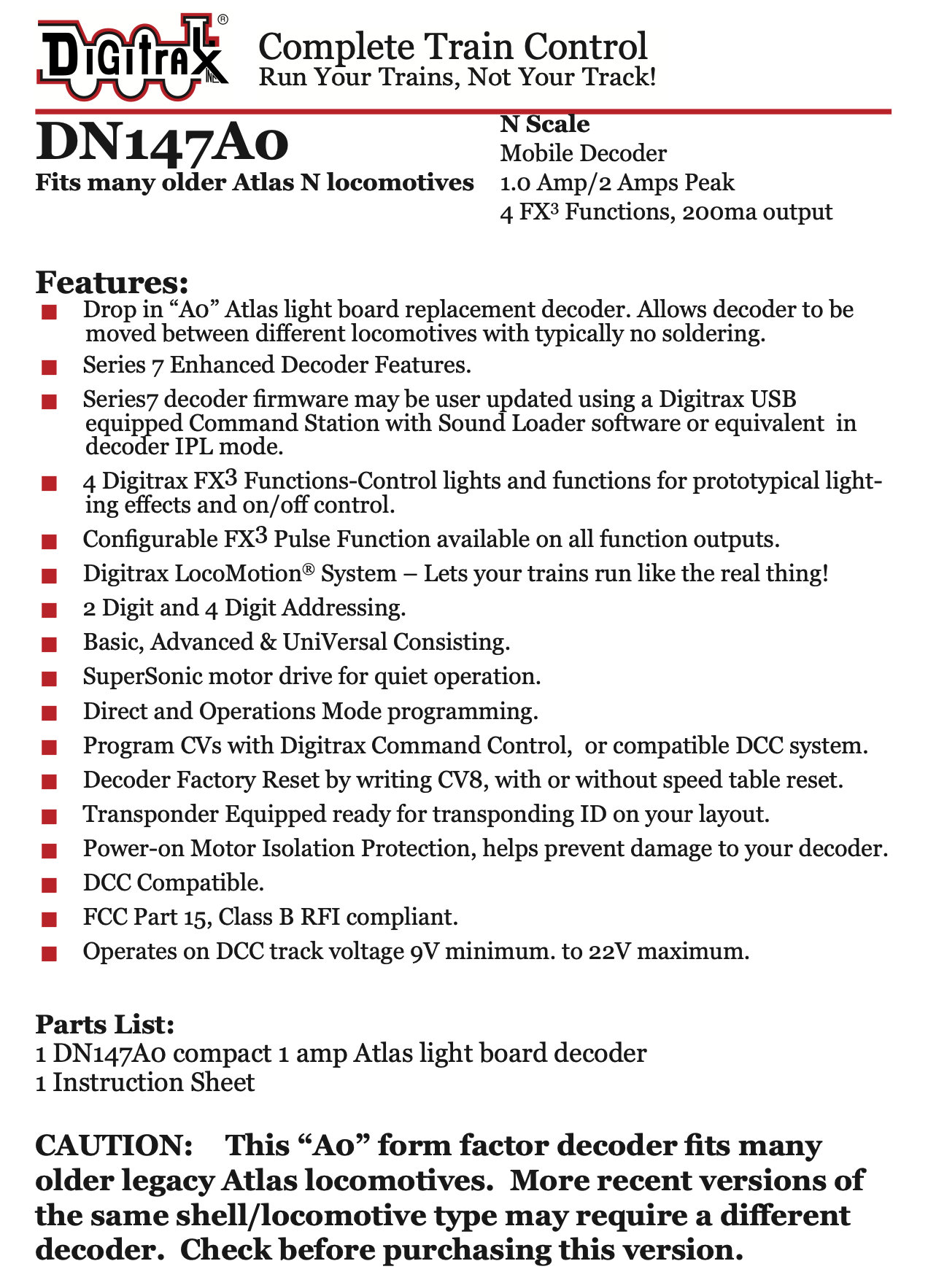 Digitrax DN147A0 1 Amp N Scale Mobile Decoder - Atlas N (replaced ...