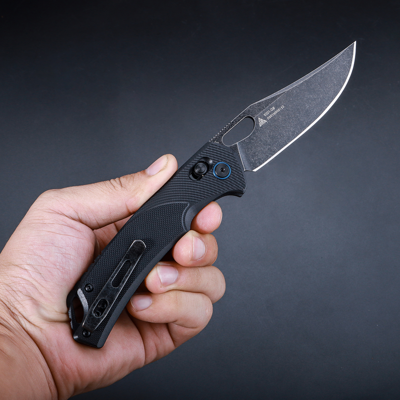 SRM Knives 9201 Ambi Lock Knife, Black G10, Black Blade