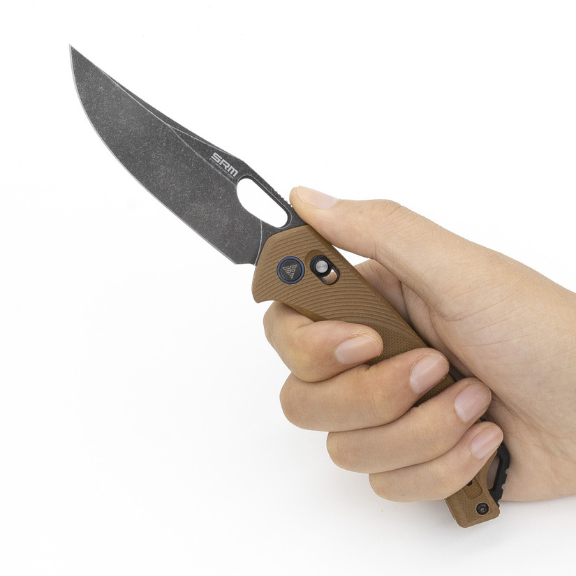 SRM Knives 9201 Ambi Lock Knife, Tan G10, Black Blade