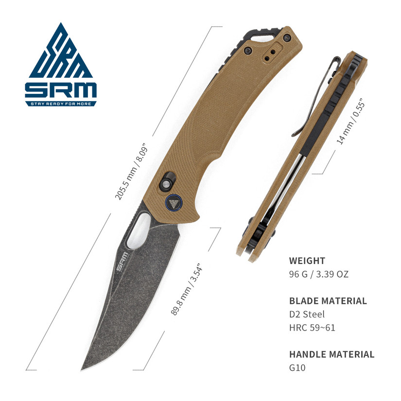 SRM Knives 9201 Ambi Lock Knife, Tan G10, Black Blade