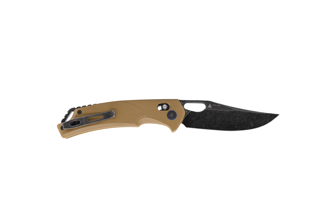 SRM Knives 9201 Ambi Lock Knife, Tan G10, Black Blade