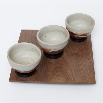 Oregon black walnut serving tray with three handmade ceramic teacups