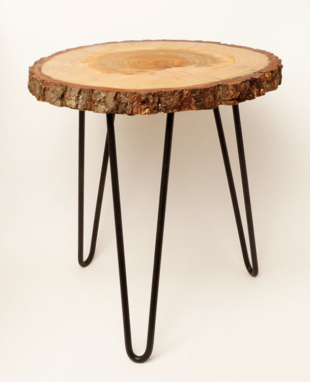 Tree slice end tables made from Oregon Douglas fir with metal hairpin legs