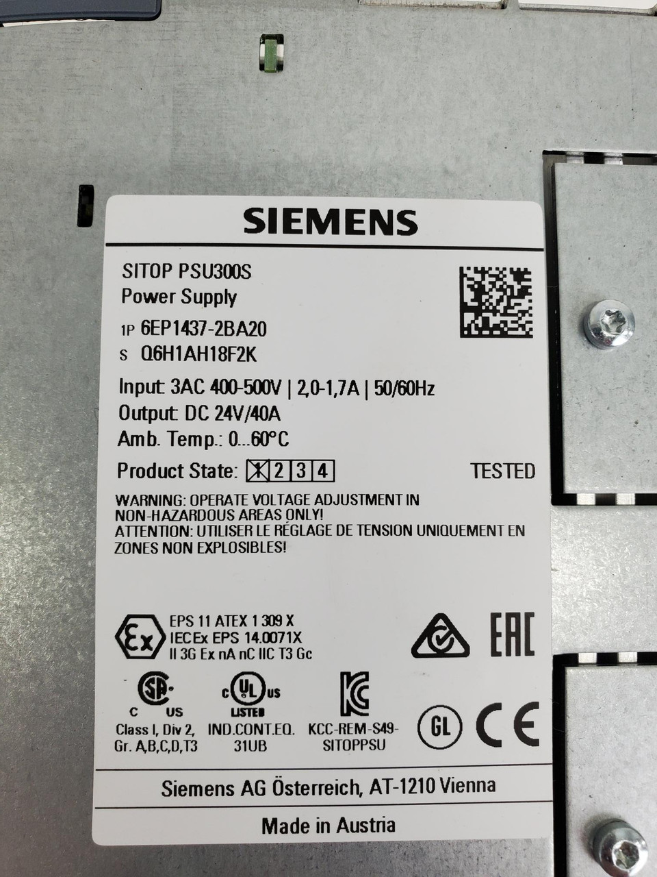 SIEMENS CORP 6EP1437-2BA20 Power Supply; 3 PH, AC-DC, 24V, 40A, 400-500V  In, Din Rail Mount, Smart