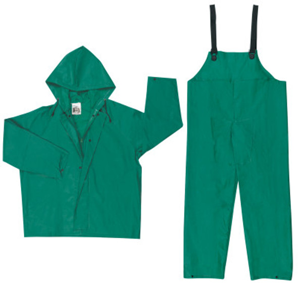MCR安全3882L两件套雨服，外套带兜帽，围兜裤，0.42毫米PVC/聚，绿色，大型