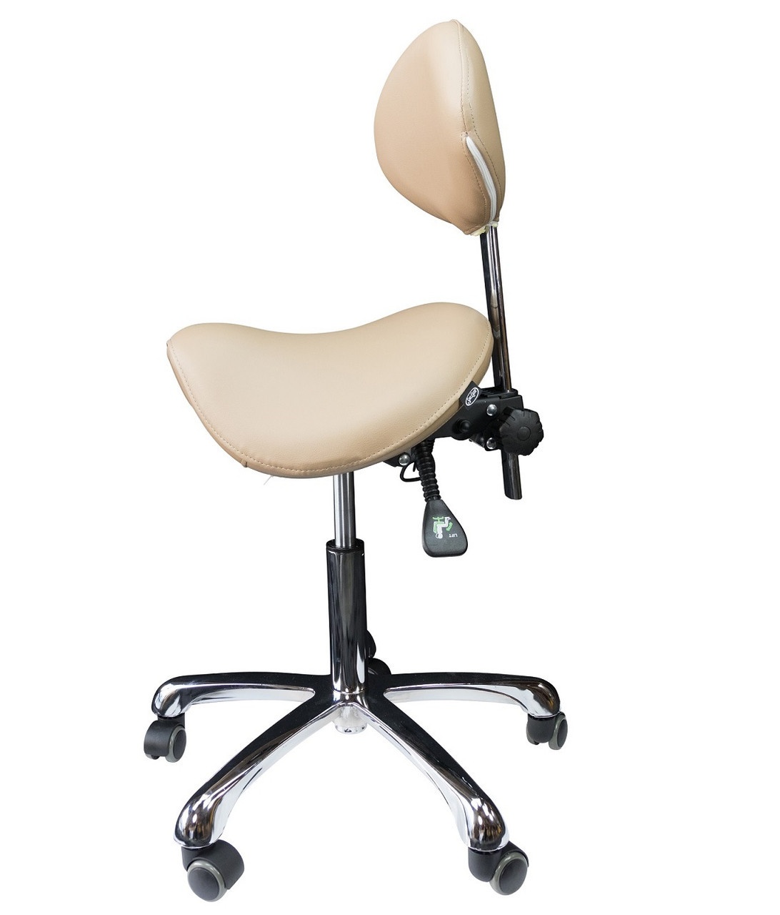 OmySalon Adjustable Rolling Saddle Stool with with Back Support on Whe