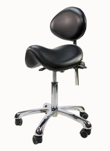 Black Spa Luxe rolling saddle stool with back support.