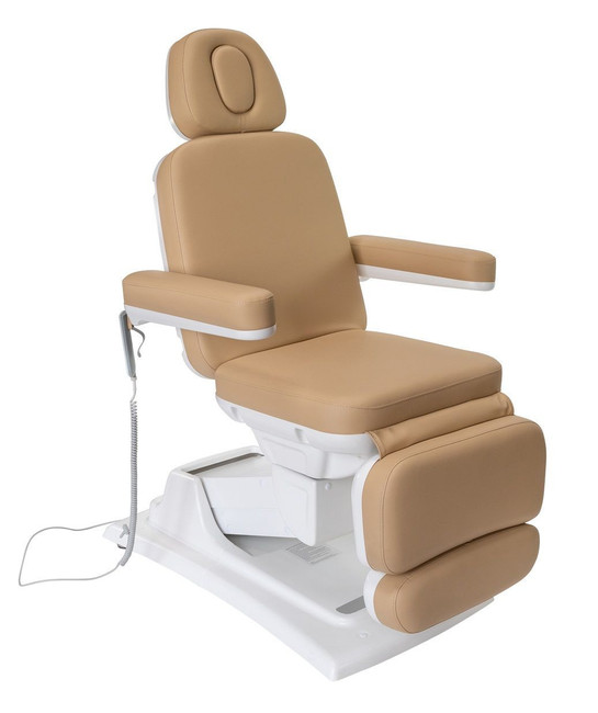 Beige tan  Sibella Medical Spa IS240 Electric Exam Chair and Facial Bed by Spa Luxe in full upright chair position.