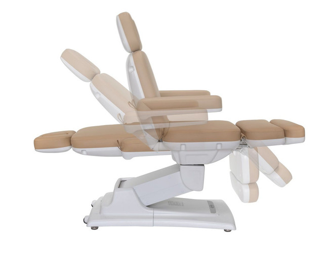 Example of how the Beige tan Sibella Medical Spa IS240 Electric Exam Chair and Facial Bed by Spa Luxe can become a table medical bed and also a chair.