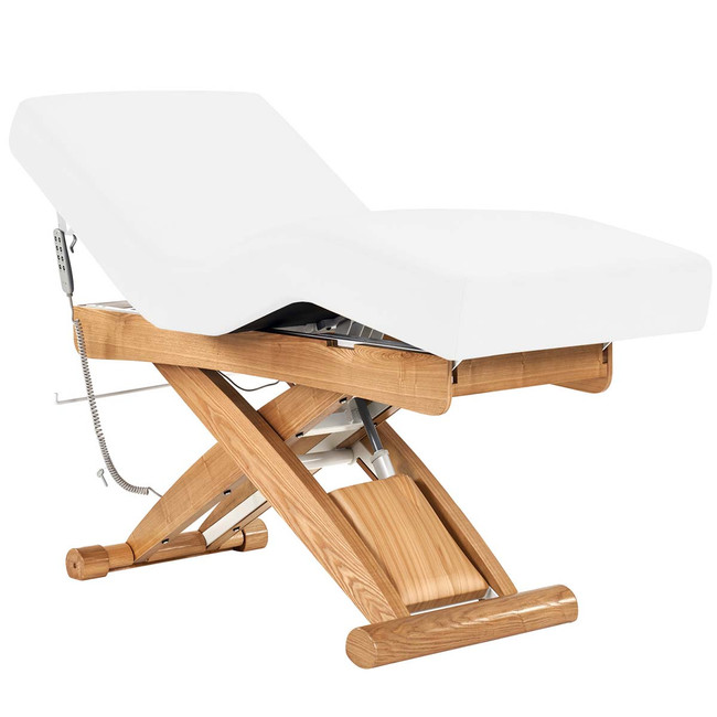 3/4-Angled Spa Luxe Salon Top Spa Table with thick cushioning and wood laminate base.