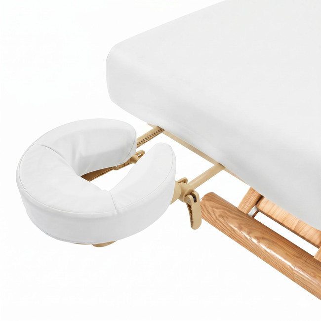 Detail of the cushioned white face rest on the Spa Luxe Salon Top Spa Table.