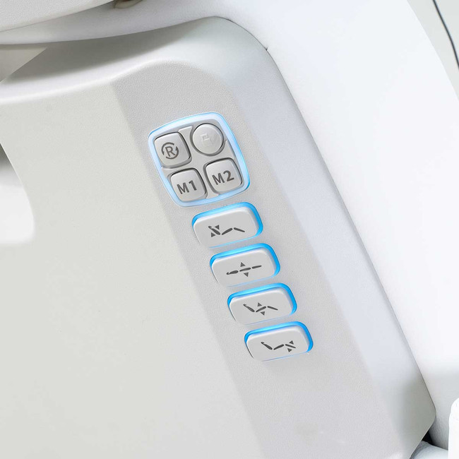 Back blue lighted controller buttons of the Spa Luxe 2246EBNS Medical Exam Chair Gynecological version With rails and stirrups