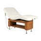 Avanora 4-section massage table at full height on four stainless steel legs, backrest raised