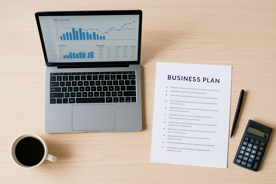 Organized desk with a laptop, business plan, calculator, and coffee