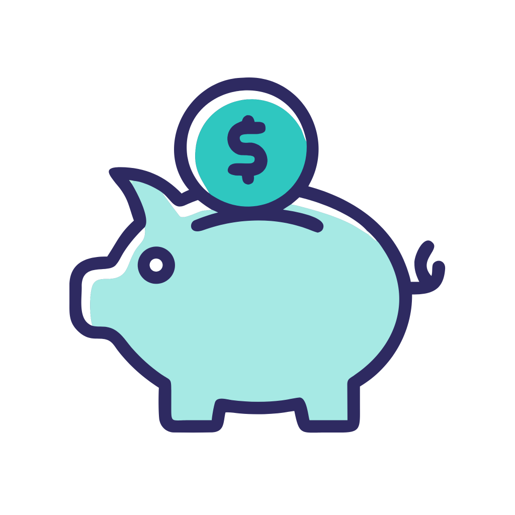 Teal piggy bank with dollar coin to represent personal savings