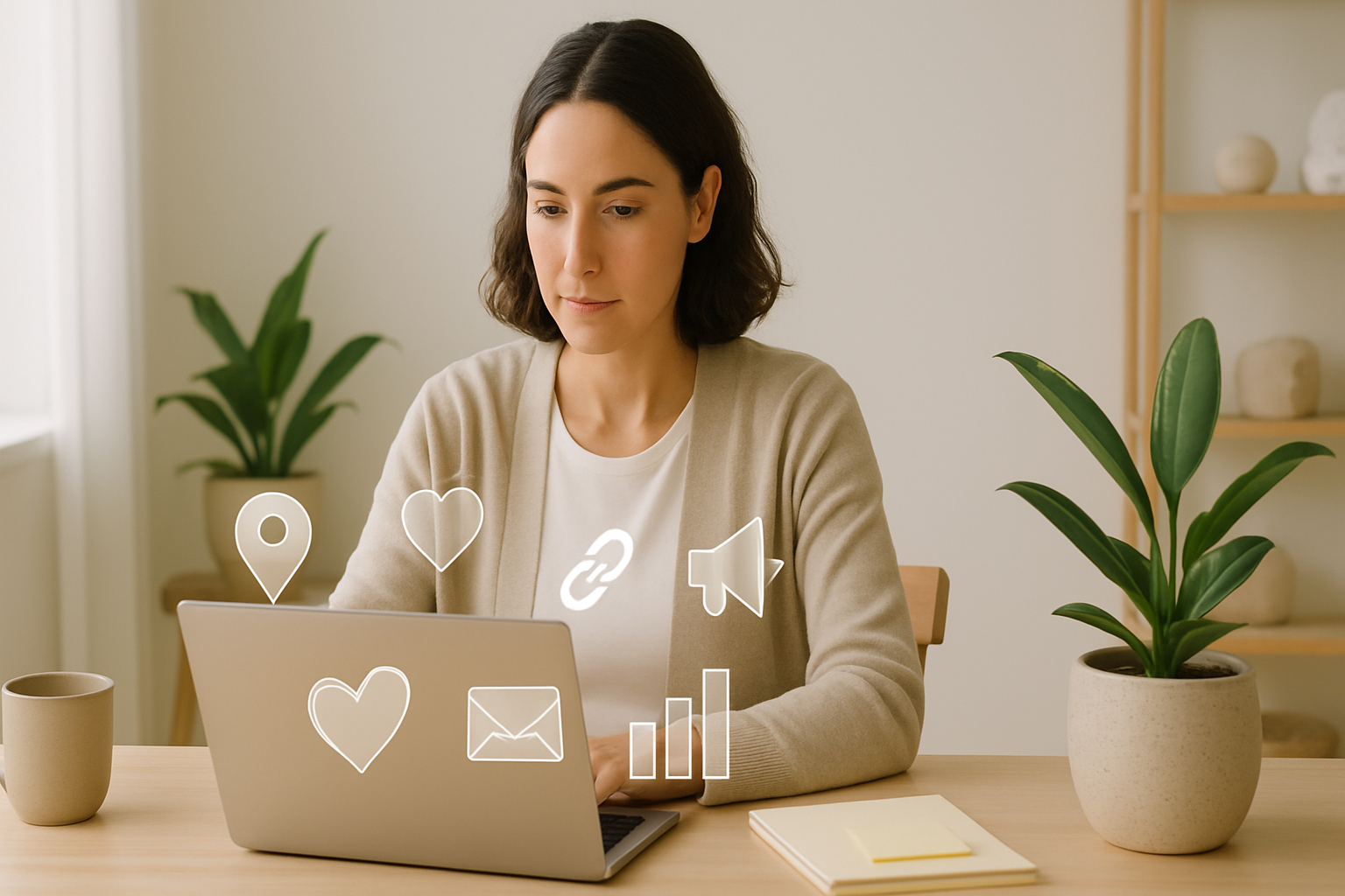 Wellness practitioner at laptop with icons representing different marketing channels floating around