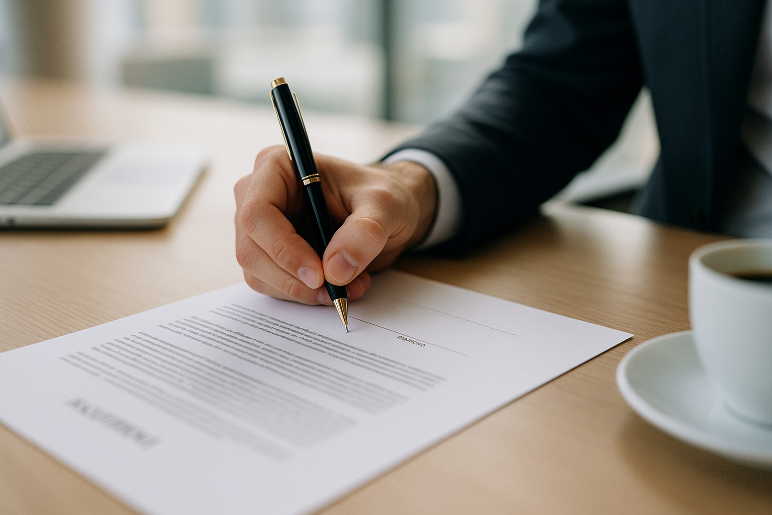Close-up shot of hands signing an official document, symbolizing a legal decision