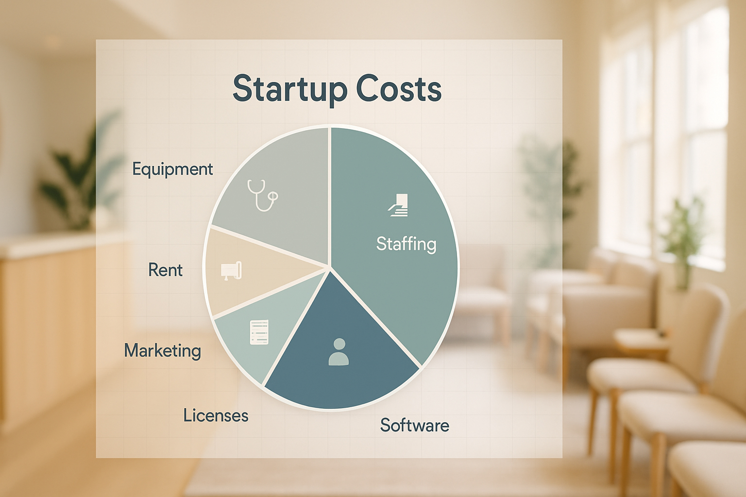 Conceptual image of a startup cost pie chart over a wellness clinic interior