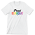 Unisex white tee with text "Proud Democrat", in which "democrat" is in rainbow colors. Unisex white tee with text "Proud Democrat", in which "democrat" is in rainbow colors.