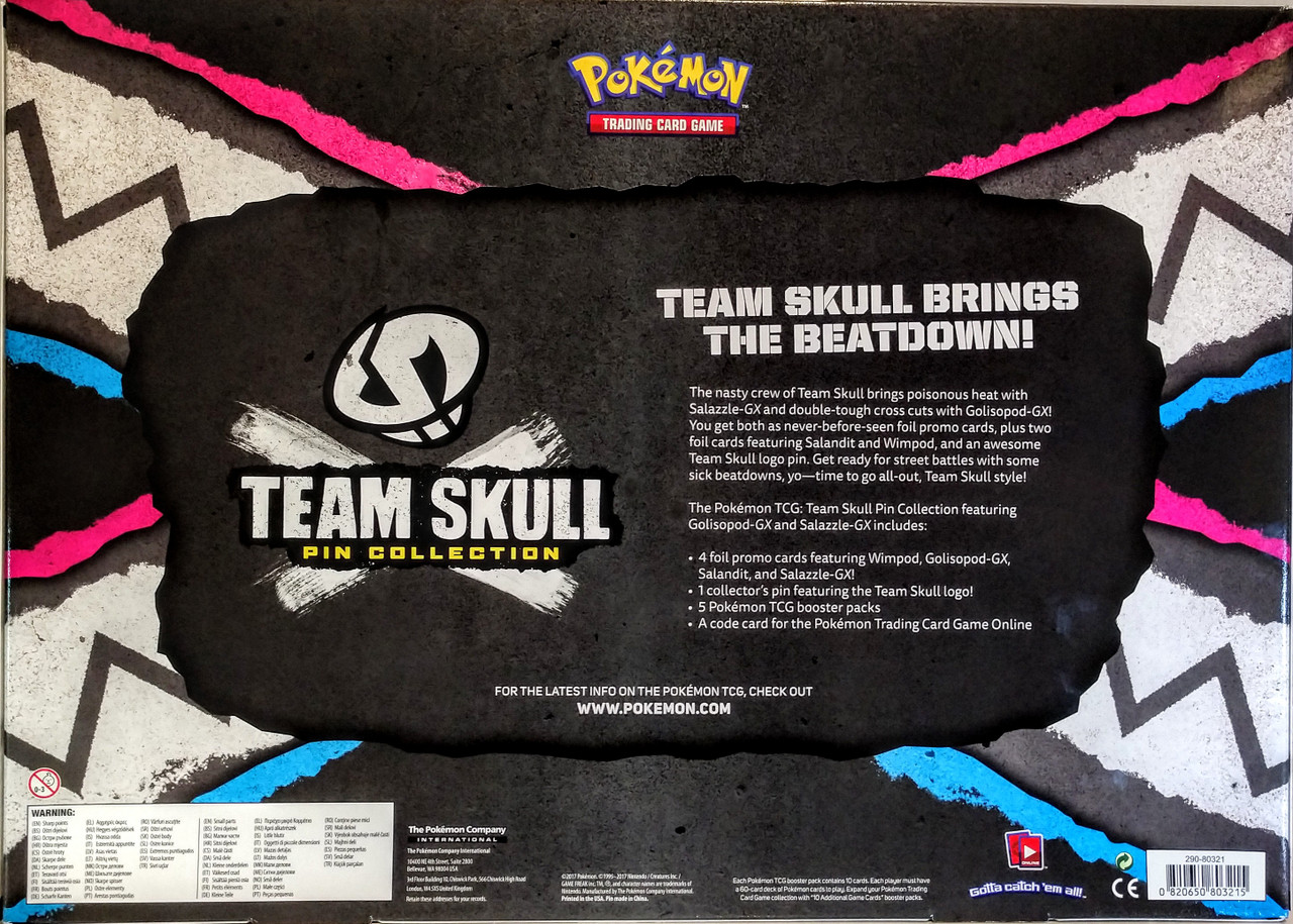 2 GX Cards Pokemon TCG Team Skull Pin Collection Box 5 Booster Packs