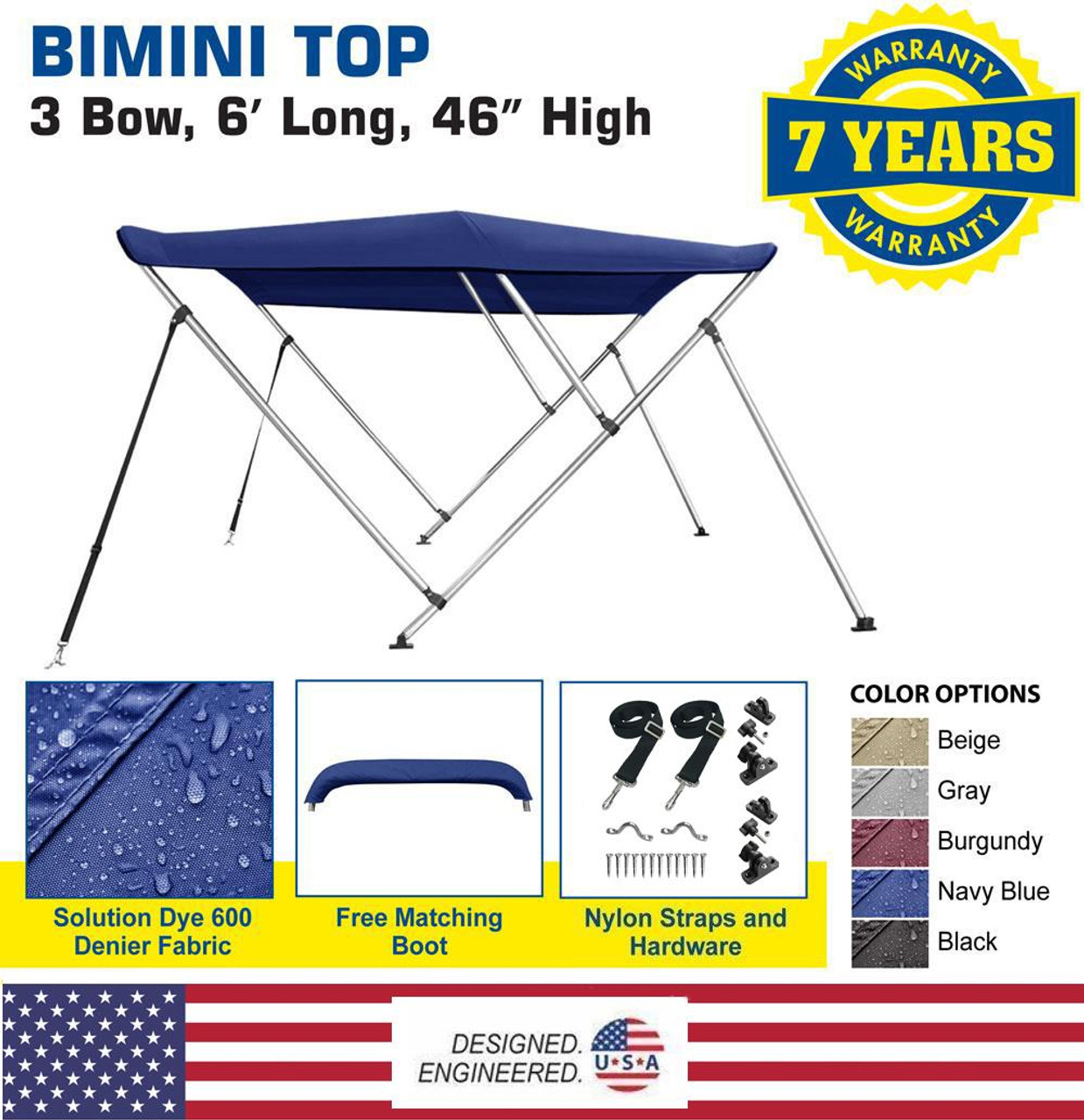 Bimini Top Boat Cover 46 High 3 Bow 79-84 Wide 6' L NAVY BLUE