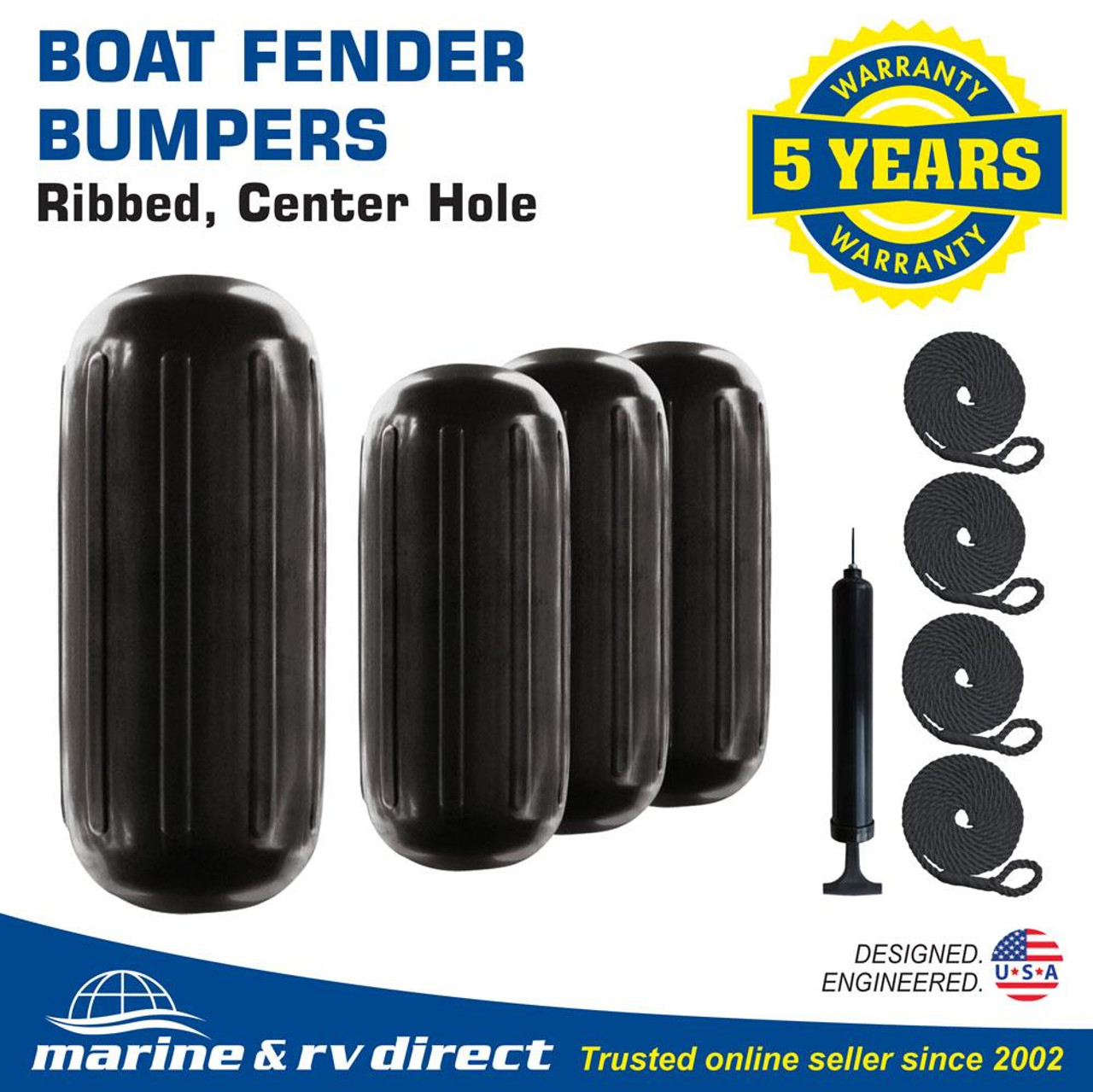 4 NEW RIBBED BOAT FENDERS 10 x 28 BLACK CENTER HOLE BUMPERS MOORING  PROTECTION - Marine and RV Direct