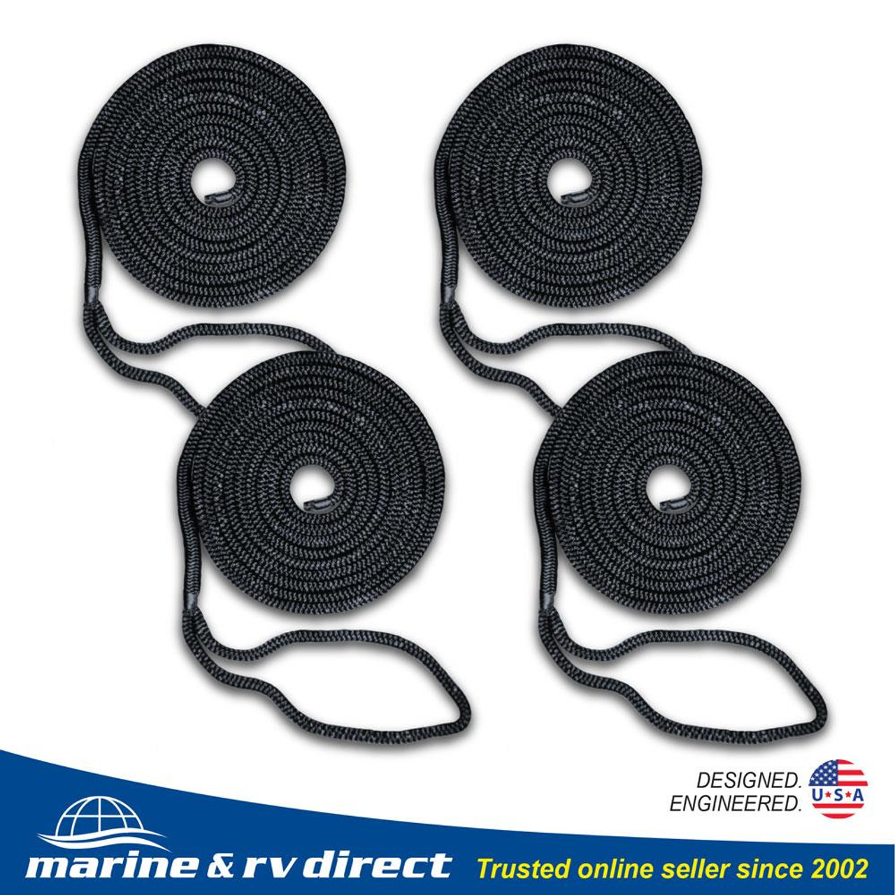 4 PCS 3/8 Inch 15 FT Double Braided 16 Strand Nylon Dock Line Mooring Line  Boat Dock Rope BLACK - Marine and RV Direct