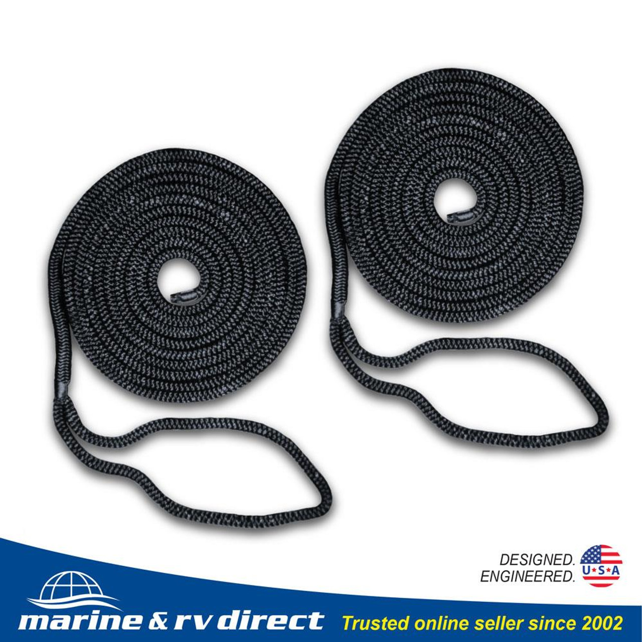 2 PCS 1/2 Inch 15 FT Double Braided 16 Strand Nylon Dock Line Mooring Line  Boat Dock Rope BLACK - Marine and RV Direct