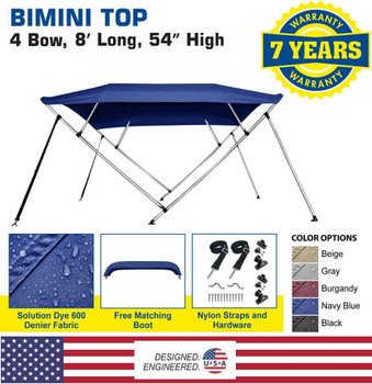 Bimini Top Boat Cover 4 Bow 8ft. Long 54" High Solution Dye Fabric/Canvas[Blue,54",91" - 96"]