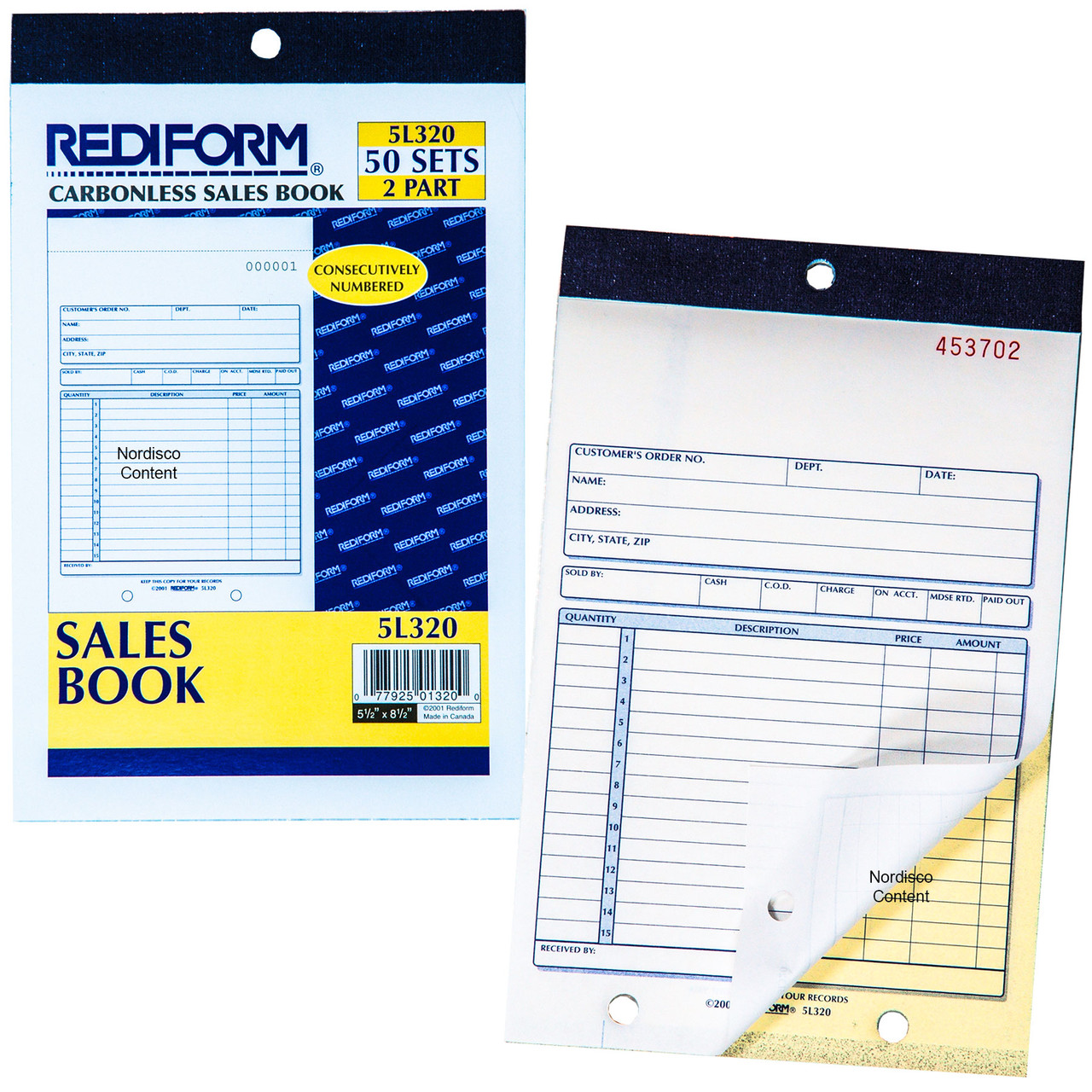 Rediform 5L320 Sales Book, 2Part Carbonless, 50 Sets, Numbered, 51/2