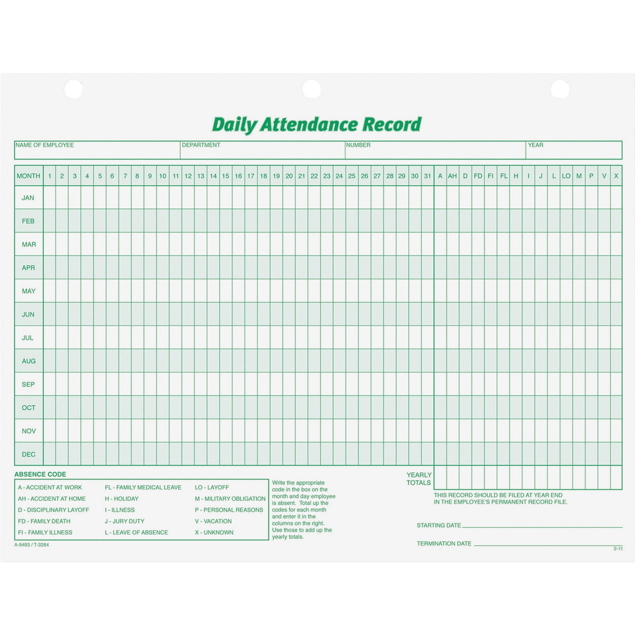 TOPS 3284 Daily Employee Attendance Record Form