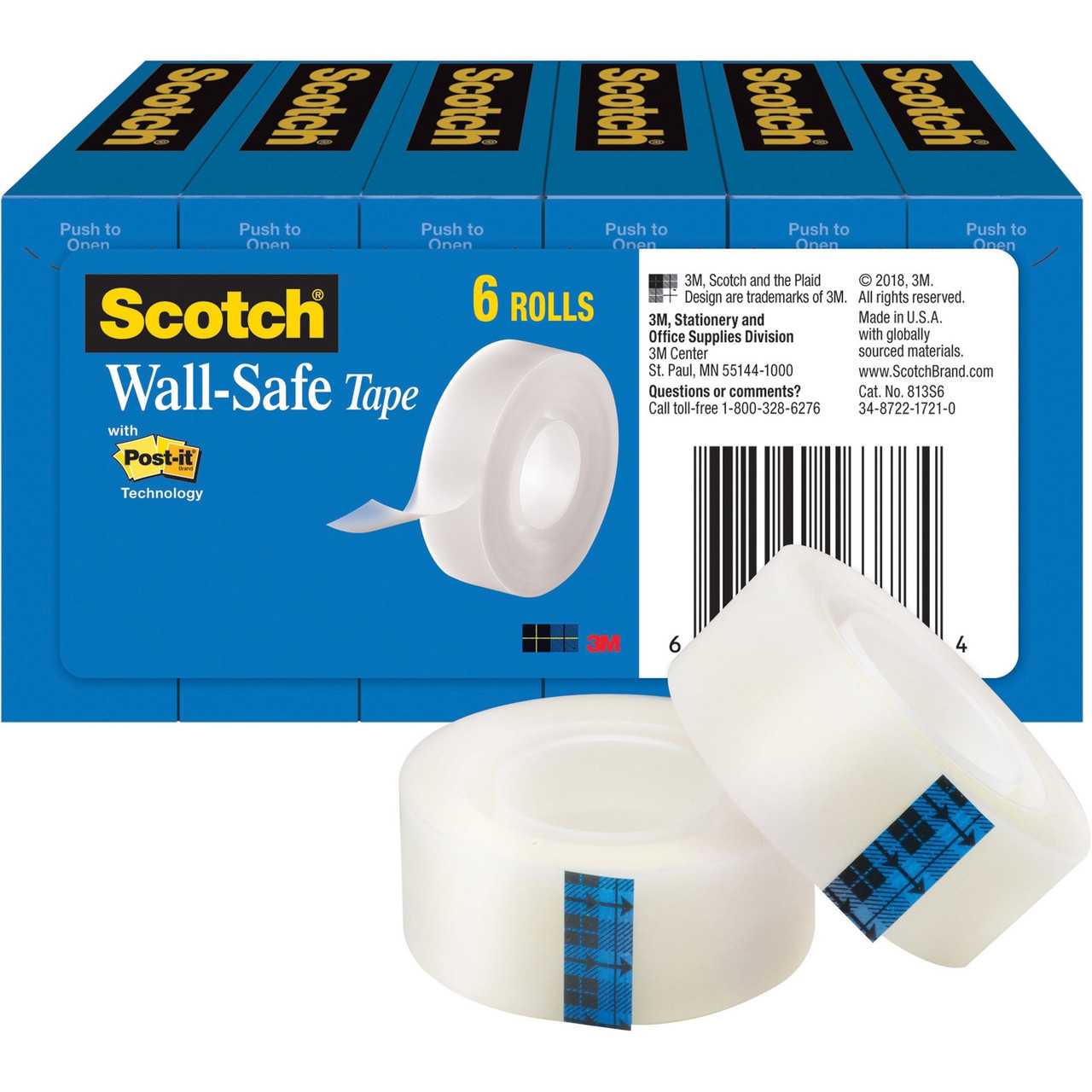 Scotch Wall-Safe Tape, 2 Rolls, Sticks Securely, Removes Cleanly,  Invisible, Designed for Displaying, Photo Safe, 3/4 in x 800 in (813S2)