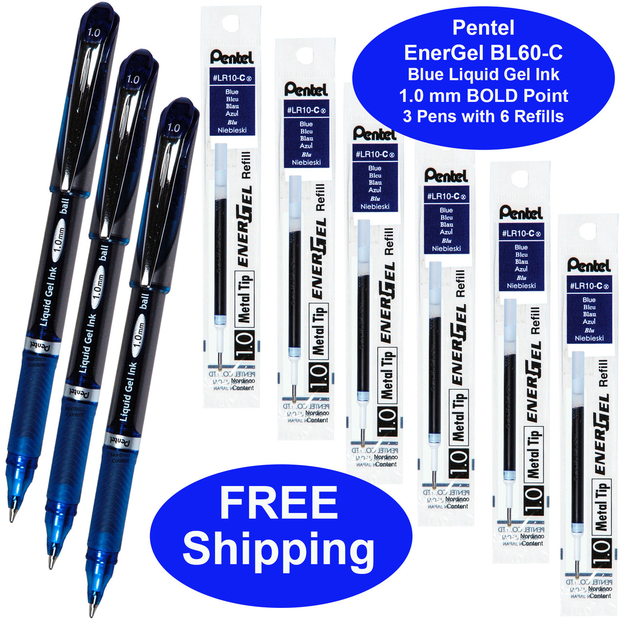 belegd broodje China ik heb nodig Pentel EnerGel Liquid Gel Ink 1.0mm Ball, 3 BL60C Pens with 6 LR10C  Refills, Blue Ink FREE Shipping | Nordisco.com