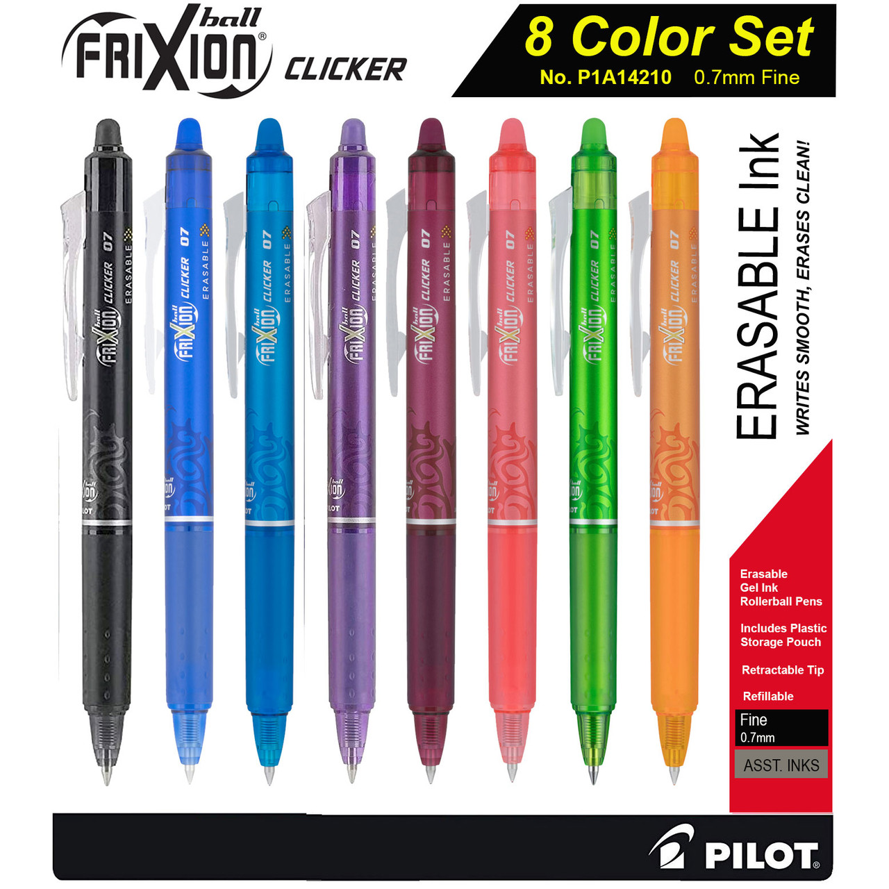 Sucio Fuera de plazo Detector Pilot 14210 FriXion Clicker 07, 0.7mm Fine Erasable Gel Ink Pens, 8 Color  Set | Nordisco.com