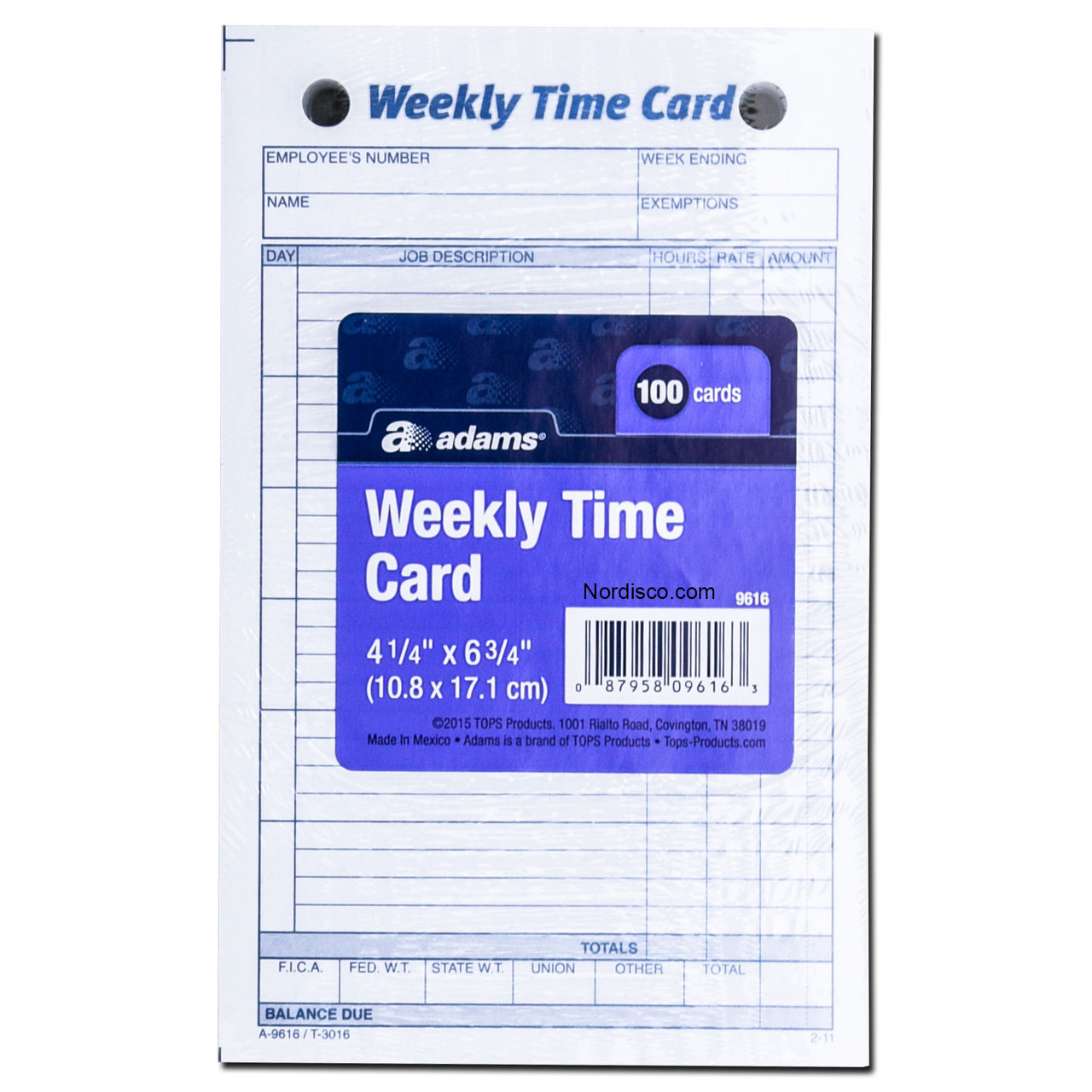 Adams 9616 Weekly Time Card, 4-1/4 x 6-3/4